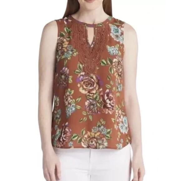 3033 NWT Daniel Rainn Quin Tank Top Women’s XL Rust Floral Tunic Lace Crochet - Picture 1 of 3